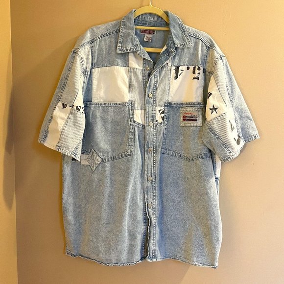 Men's Vintage Dakota Blue Denim Patchwork Button Down Shirt - Picture 1 of 8